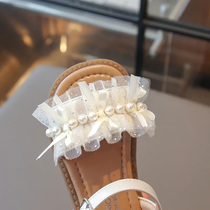 Girls Lace Sandals Kids Shoes Baby Artificial Pearl Open Toes Hoop Loop 2025 Summer Child Barefoot Beach Shoe for Toddler 22-31