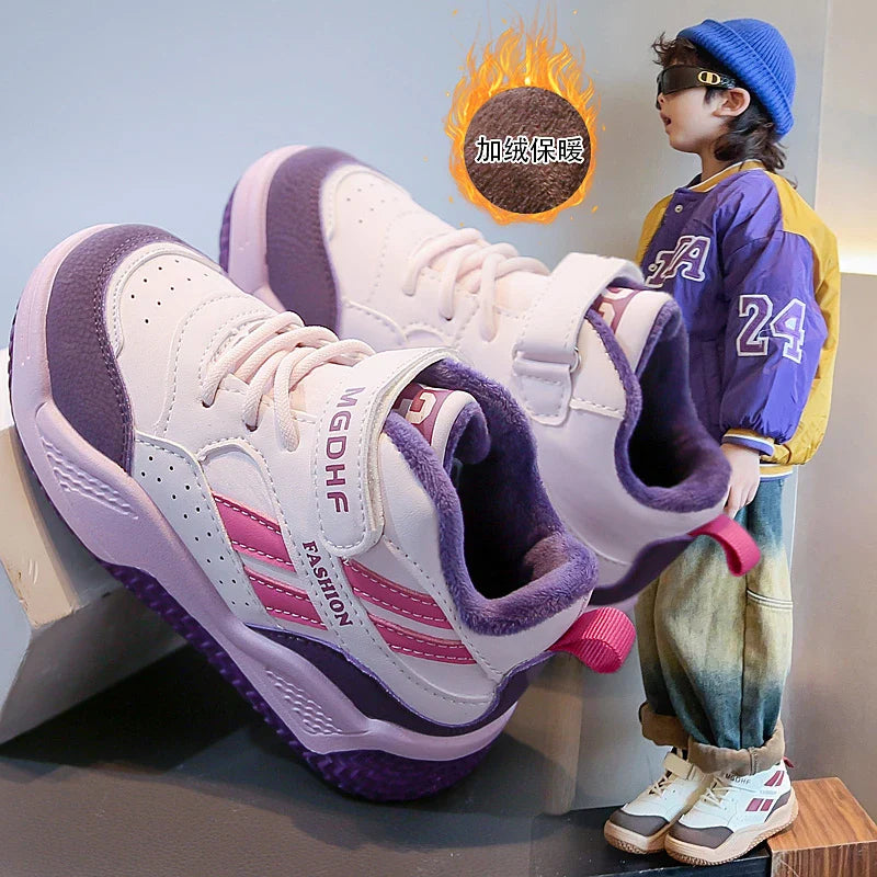 Boys' fleece sports shoes 2025 Winter new style warm children's anti-slip basketball shoes Girls' soft-soled two-cotton shoes