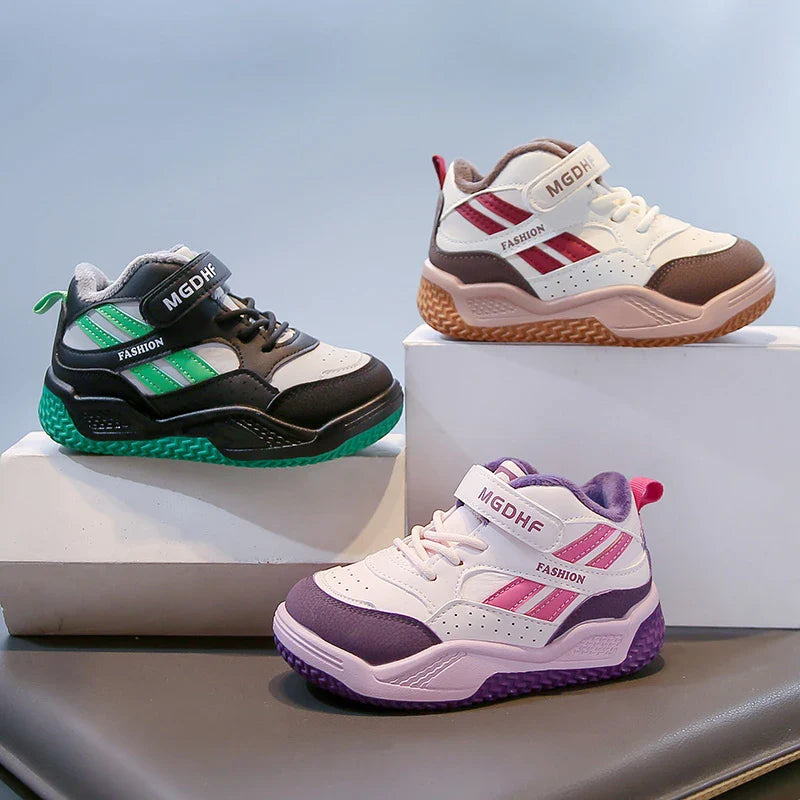Boys' fleece sports shoes 2025 Winter new style warm children's anti-slip basketball shoes Girls' soft-soled two-cotton shoes