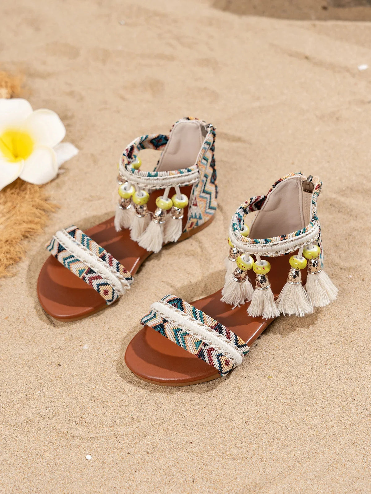 Toddler Beach Sandals - Bohemian Tassel Beaded Girls Summer Shoes Soft Sole for Vacation & Play