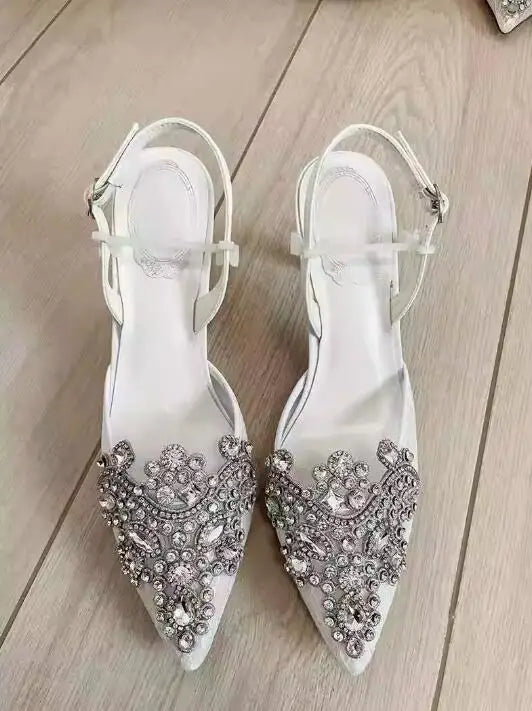 Multi-color Diamond Rhinestone Pearl Wedding Lace Sandals Women Pointed Toe Ankle Strap High Heels Woman Shoes