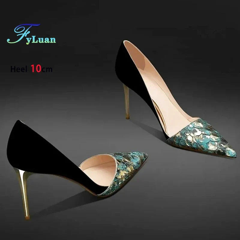 Black Green Leather Splicing High Heels 10cm Women Shoes Thin Heels Suede Pointed Head Ladies Pumps Shallow Stiletto Party Shoes