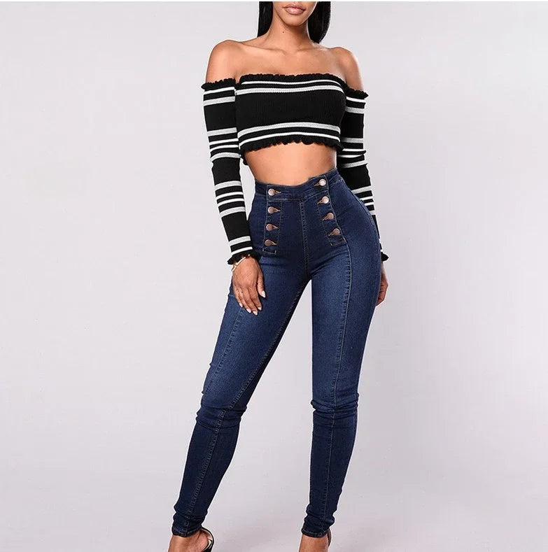 Denim Pencil Pants Women Vintage Jeans High Waist Washed Double Breasted Pockets Basics Ankle Length Trousers 2025 Streetwear