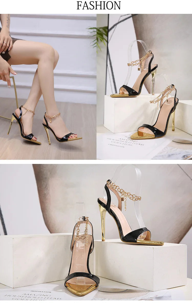 New Summer Sandals Women Fashion Gold Chain Ankle Strap Sexy Peep Toe Ladies Metal High Heels Sandals Woman Party Shoes Pumps