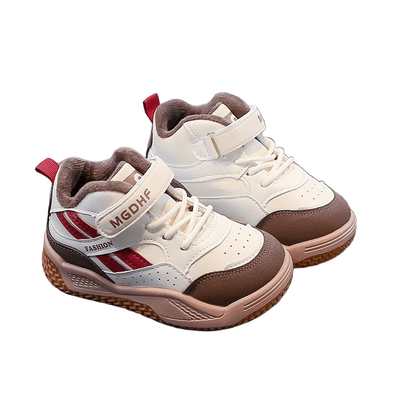 Boys' fleece sports shoes 2025 Winter new style warm children's anti-slip basketball shoes Girls' soft-soled two-cotton shoes