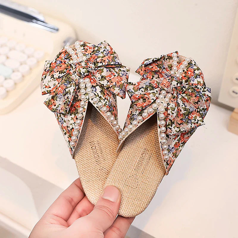 Sweet Girl's Slippers Flower Pearl Elegant Blue Orange Children Sliders Leisure Peep Toe 26-36 Light Slip-on Kids Summer Shoes