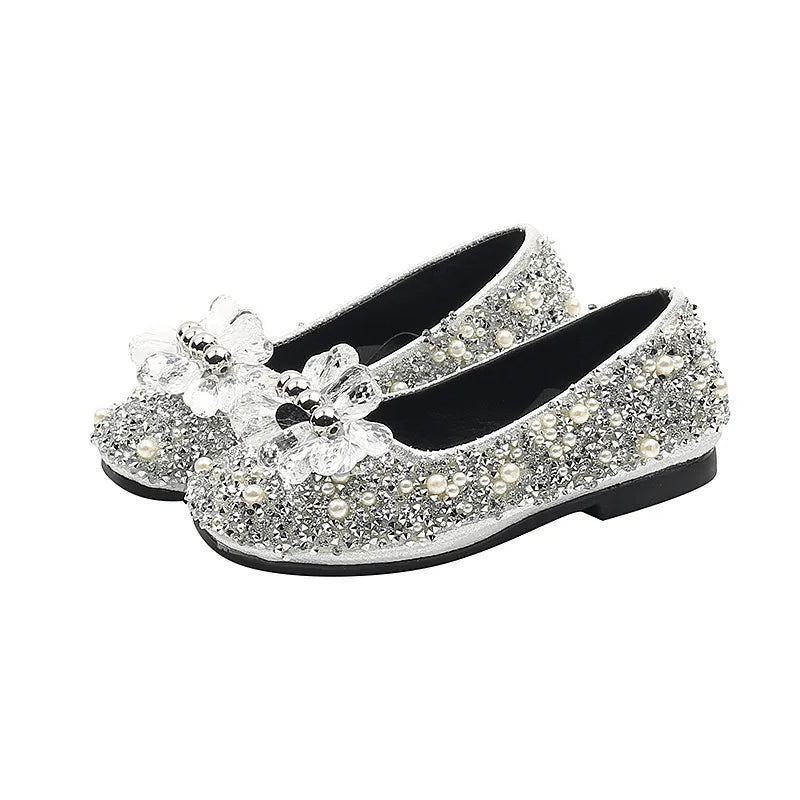 Luxury Girl Shoes Rhinestone Sweet Children Princess Leather Shoes 2025 New Performance Versatile Kids Causal Flat Ballet Shoes