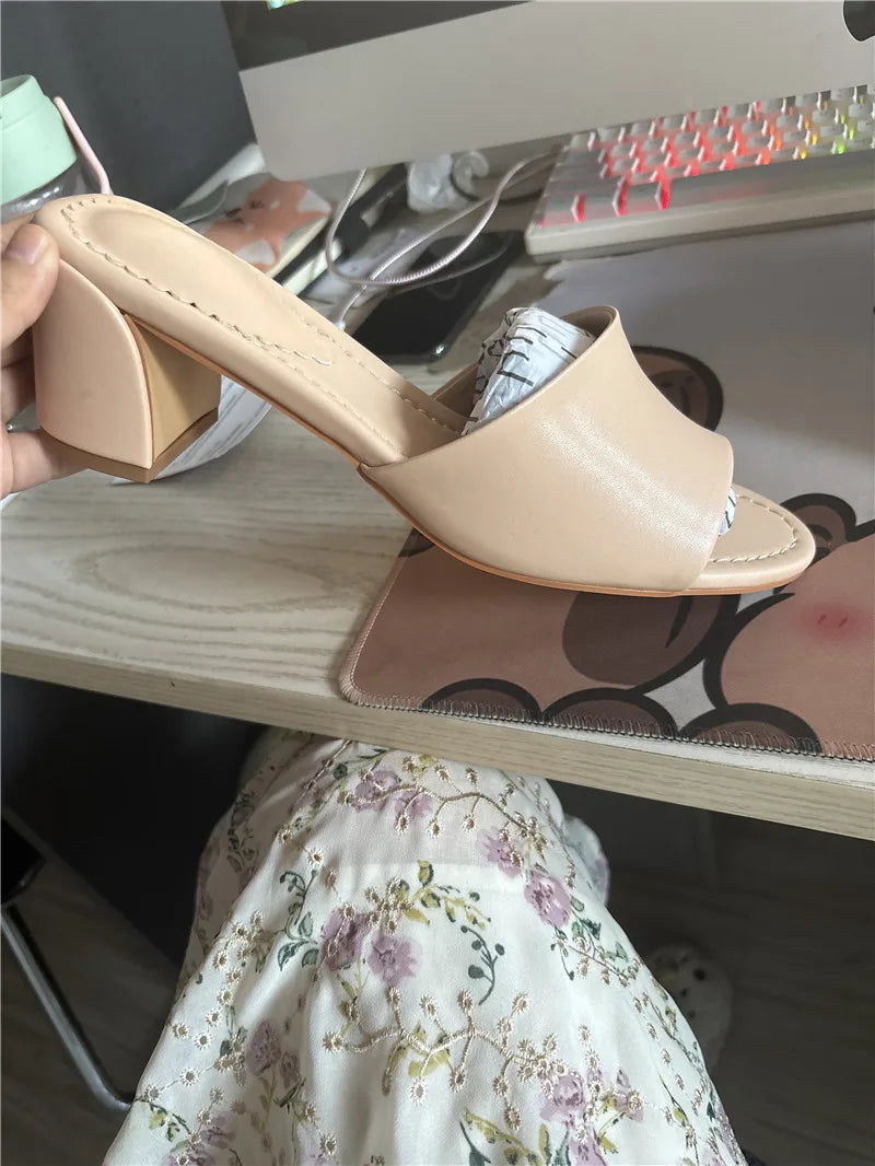 Soft Leather Jane Mules Open Toe Slippers For Women Shoes Sandals Block High-Heel Women's Shoes Wedding Peep Toe Zapatos Mujer