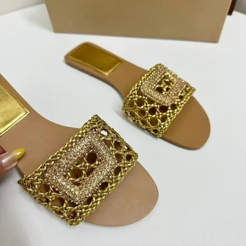 Summer High Quality Gold Woven Flat Sandals for Women Causal Daily Beach Footwear Outdoor Brand Travel Ladies Walking Shoes