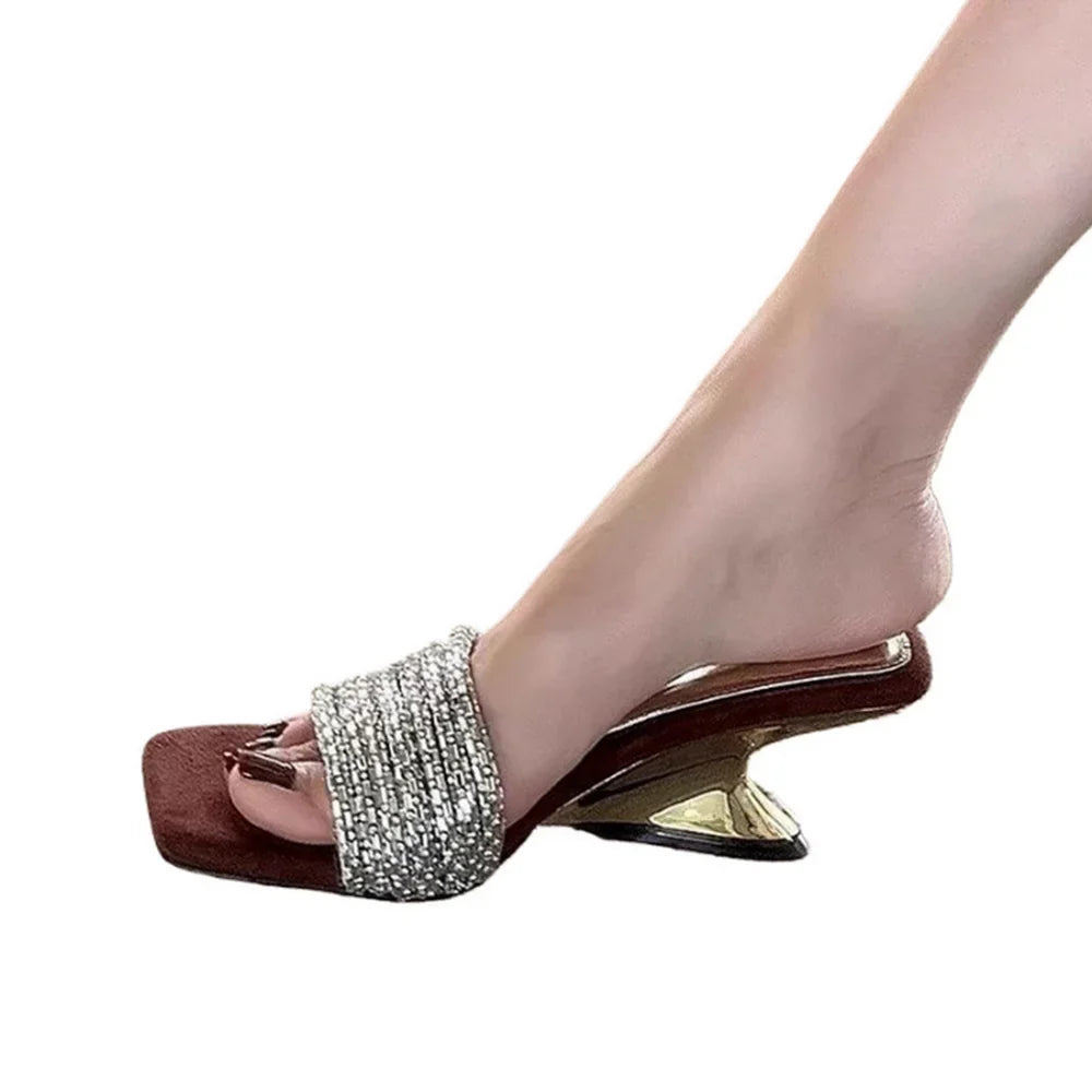 FHC New Strange Heel Women High Heeled Slides,Summer Shoes Slippers,Rhinestone Chains,Open Square Toe,34-40,Gold,Silver,Dropship
