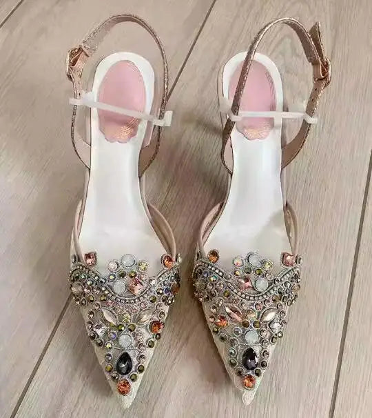 Multi-color Diamond Rhinestone Pearl Wedding Lace Sandals Women Pointed Toe Ankle Strap High Heels Woman Shoes