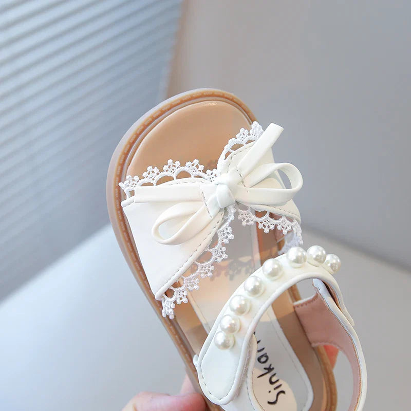 Summer Girl's Princess Shoes Lace Bowtie Open Toe Pearl Sweet Kid's Flat Shoe Solid Colors Anti-slip Chic Daily Children Shoe