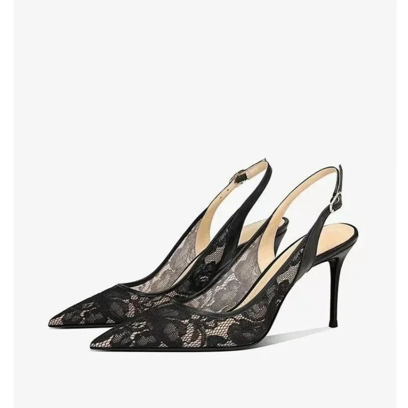 2024 Women's Shoes Lace High Heels Sexy Party Pumps Pointed Toe Buckle Strap Thin Heel Slingbacks Sandal