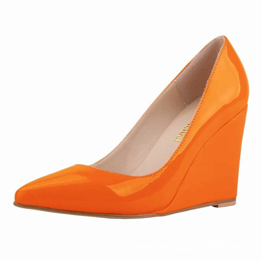14 Colors Women Patent Leather Wedge Shoes Autumn Pointy Toe Shallow Woman Pumps Red Yellow High Heels Female Wedding Dress Shoe