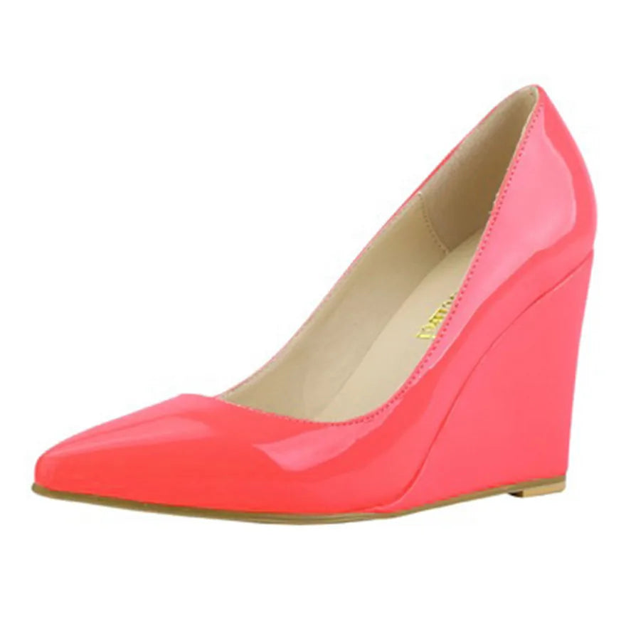14 Colors Women Patent Leather Wedge Shoes Autumn Pointy Toe Shallow Woman Pumps Red Yellow High Heels Female Wedding Dress Shoe