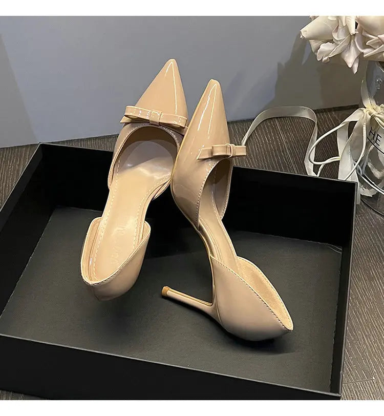 New Autumn Patent Leather Nude High Heels Thin Heel Pointed Bow Korean Version