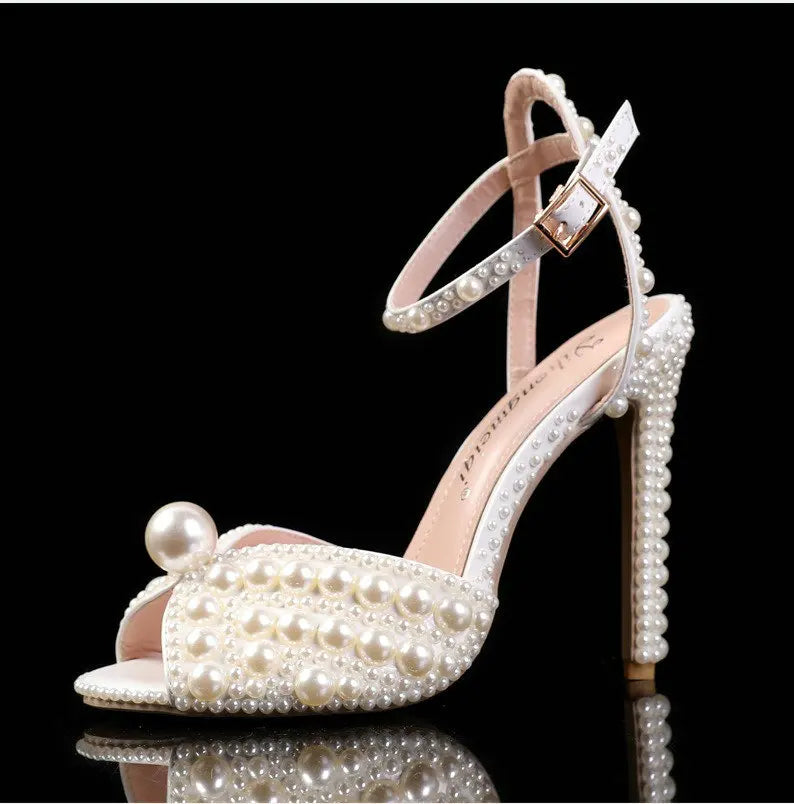 2025 New High Heels Thick Heel Shallow Mouth Women's Pearl Sandals Wedding Shoes Bridesmaid Shoes