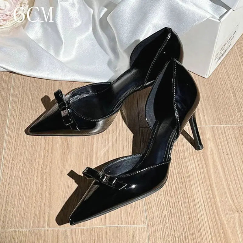 New Autumn Patent Leather Nude High Heels Thin Heel Pointed Bow Korean Version