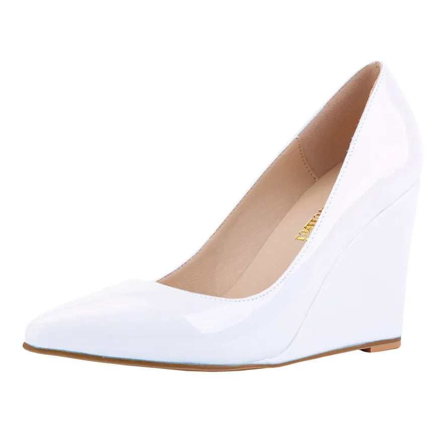 14 Colors Women Patent Leather Wedge Shoes Autumn Pointy Toe Shallow Woman Pumps Red Yellow High Heels Female Wedding Dress Shoe