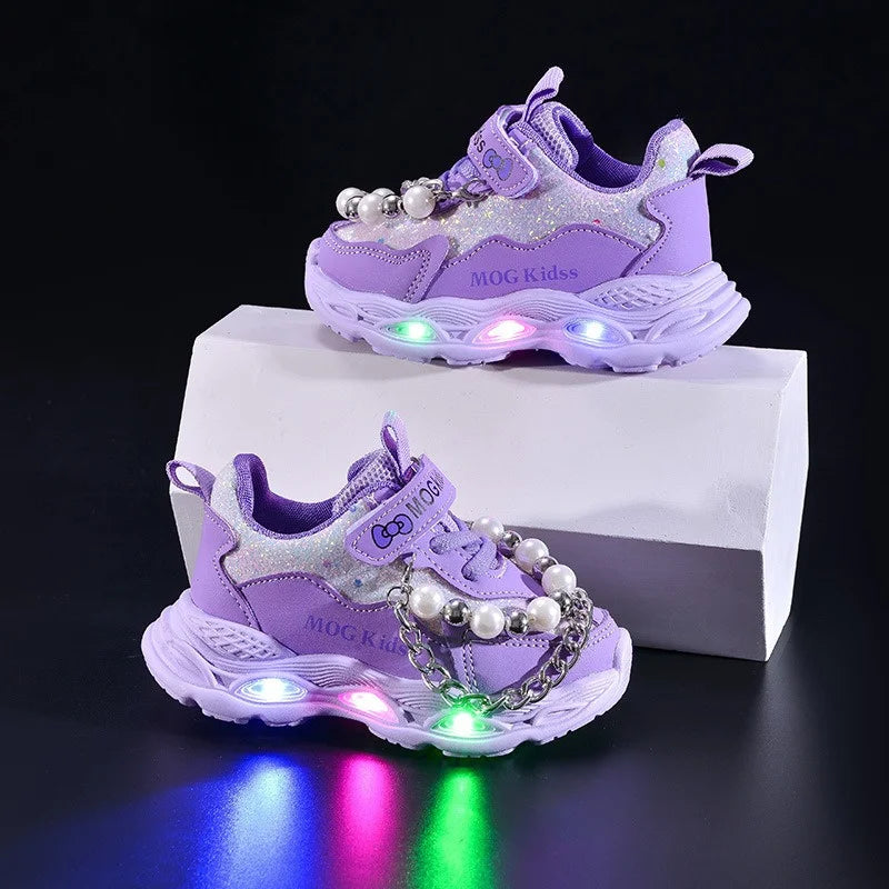 2025 Girls Princess Shoes with LED Lights Pearl Chains Soft Sole Toddler Sneakers Breathable Mesh Light Up Athletic Shoes