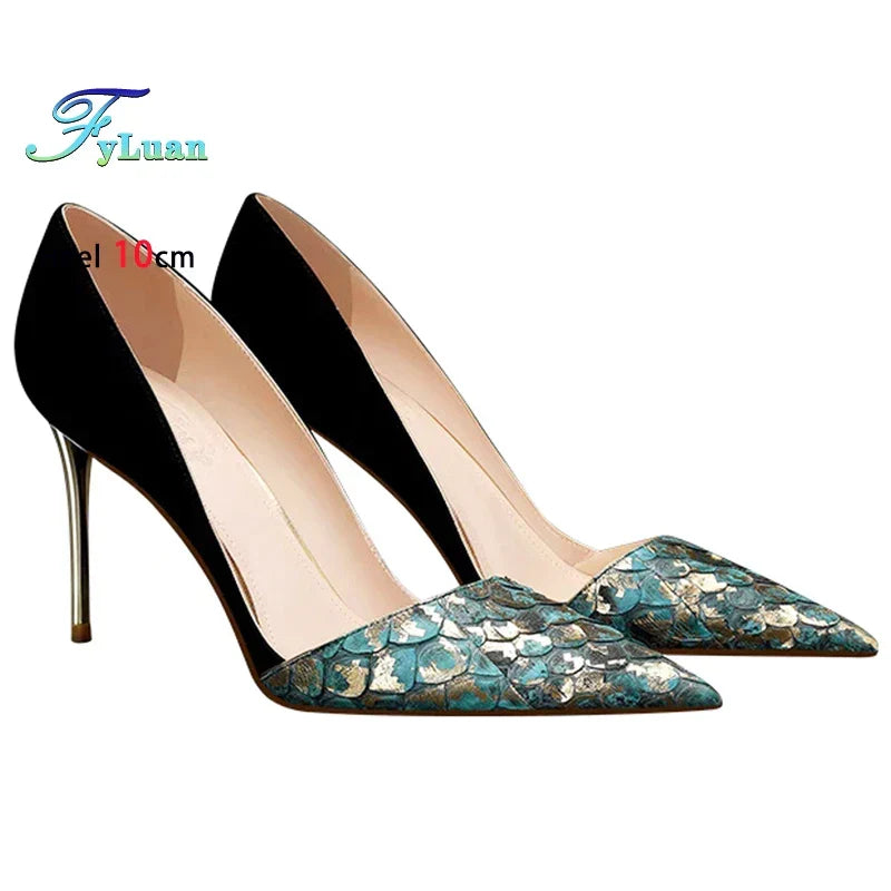 Black Green Leather Splicing High Heels 10cm Women Shoes Thin Heels Suede Pointed Head Ladies Pumps Shallow Stiletto Party Shoes
