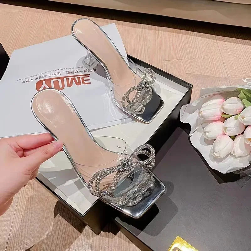 Summer New Style Luxury Fashion Sexy Comfortable Banquet Casual Rhinestone Elegant High Heels Bow Women's Slippers Zapatos Mujer