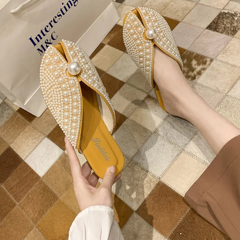Ladies Bohemian Pearl Slippers Flat Sandals Summer Open Toe Ladies Shoes Crystal Flip Flops Wholesale 2023