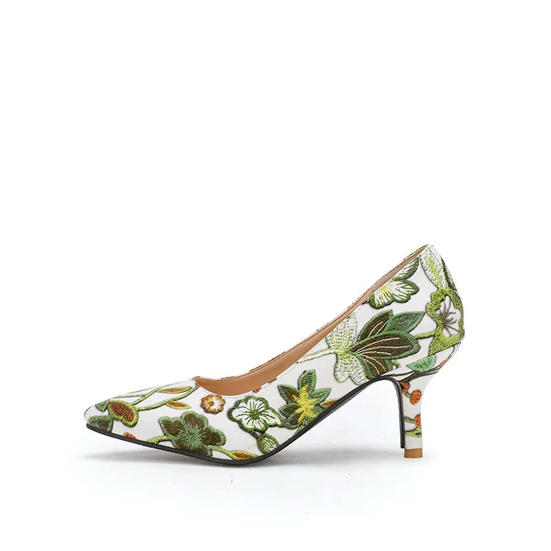 Ladies Retro Pumps Sexy High Heels Stiletto Black Green Blue Flowers Slip-Ons Plus Size 45-2 Wide Foot Shoes For Party Nigh Club