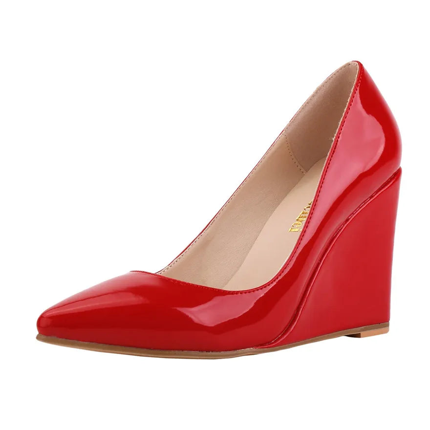 14 Colors Women Patent Leather Wedge Shoes Autumn Pointy Toe Shallow Woman Pumps Red Yellow High Heels Female Wedding Dress Shoe