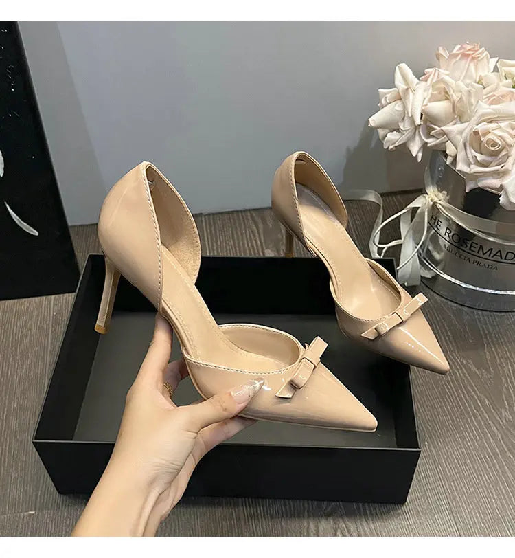 New Autumn Patent Leather Nude High Heels Thin Heel Pointed Bow Korean Version
