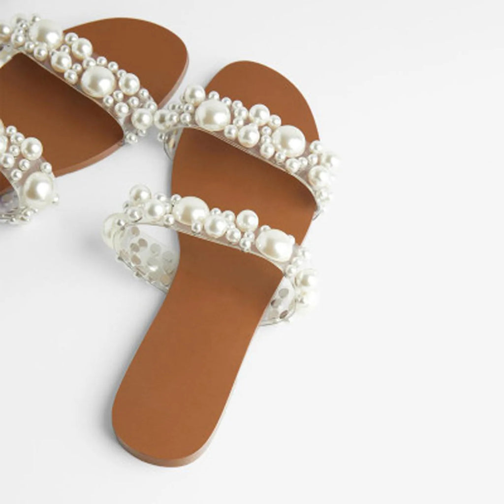 Bohemian Style Women's Pearl Open-Toe Flat Sandals Crystal Flip-Flops Summer New 2025 Transparent Flat Sandals