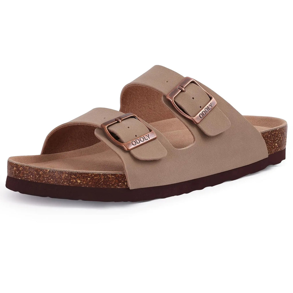 Shevalues Men Classic Leather Sandals Fashion Double Outdoor Beach Shoes Comfort Unisex Cork Footbed Slippers With Arch Support