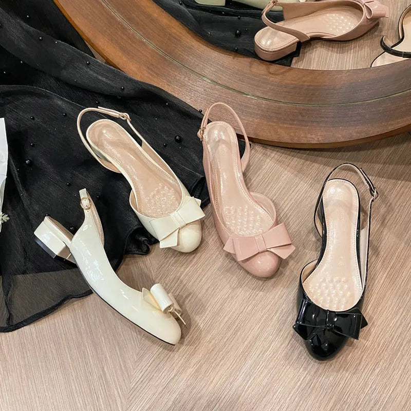 French-Style Bow Head-Toe Sandals For Women 2025 Summer New Style Chunky Heel Patent Leather High Heel Mid-Heel Sandals