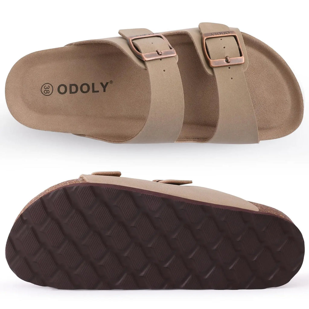 Shevalues Men Classic Leather Sandals Fashion Double Outdoor Beach Shoes Comfort Unisex Cork Footbed Slippers With Arch Support