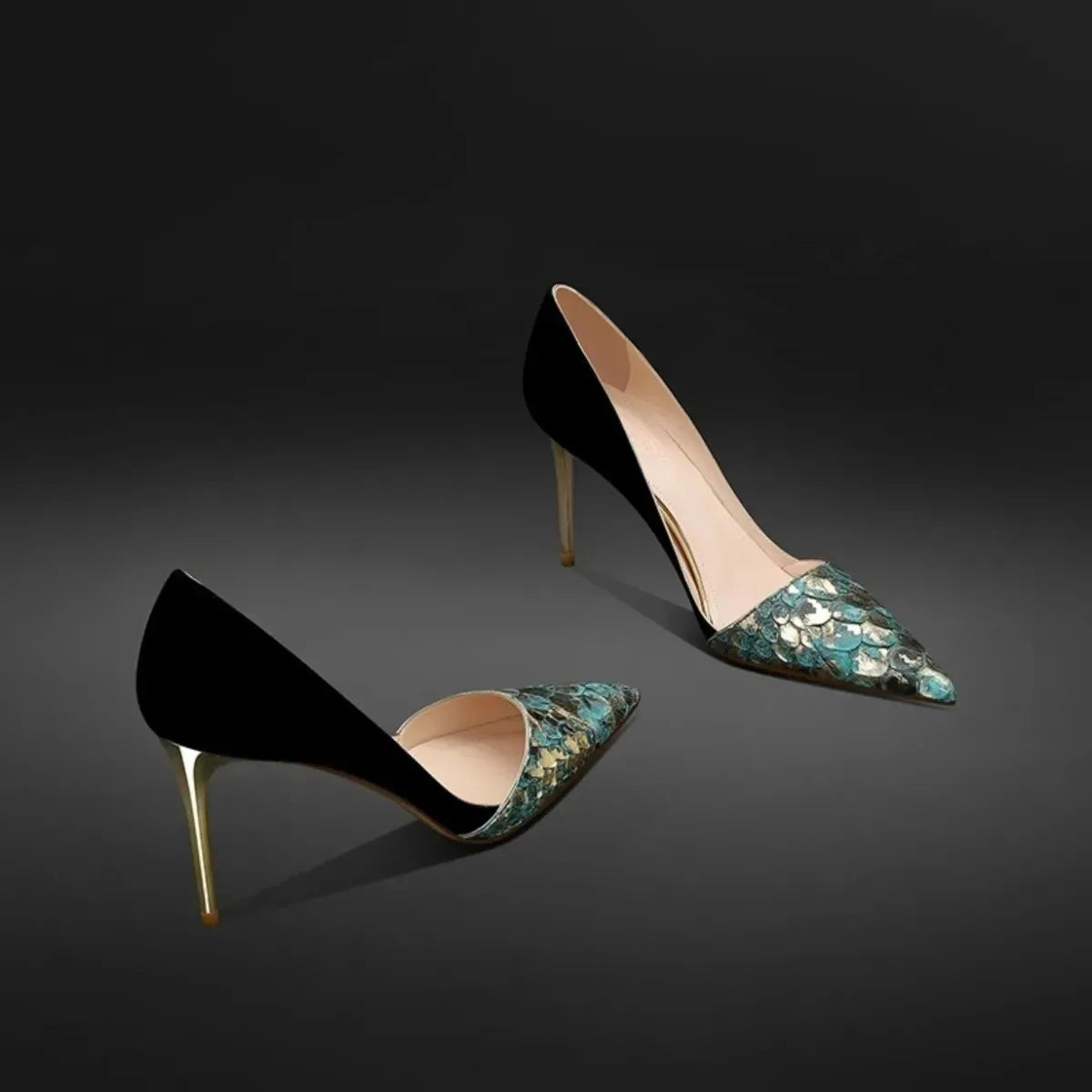 Black Green Leather Splicing High Heels 10cm Women Shoes Thin Heels Suede Pointed Head Ladies Pumps Shallow Stiletto Party Shoes