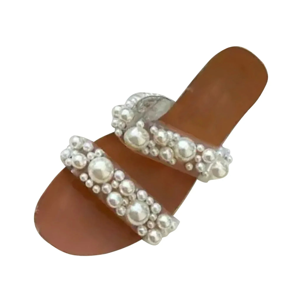 Bohemian Style Women's Pearl Open-Toe Flat Sandals Crystal Flip-Flops Summer New 2025 Transparent Flat Sandals