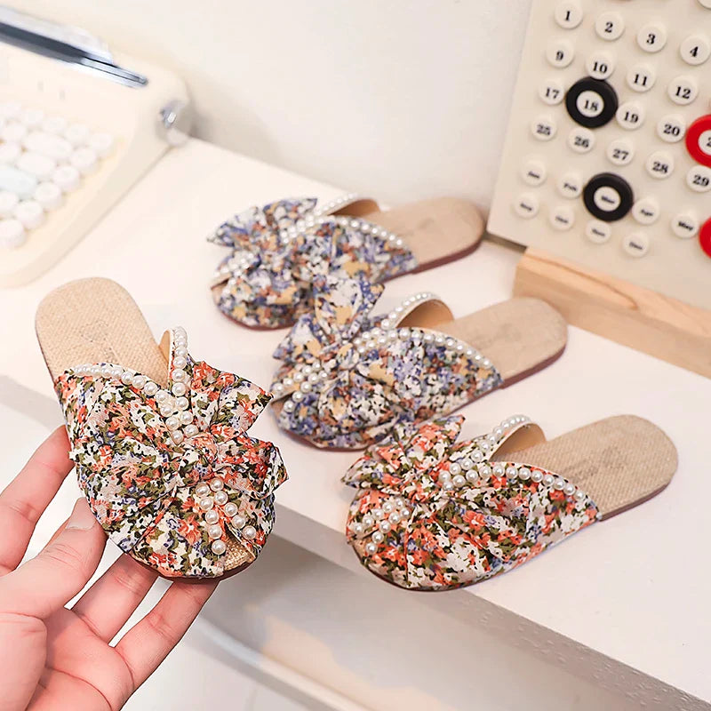 Sweet Girl's Slippers Flower Pearl Elegant Blue Orange Children Sliders Leisure Peep Toe 26-36 Light Slip-on Kids Summer Shoes