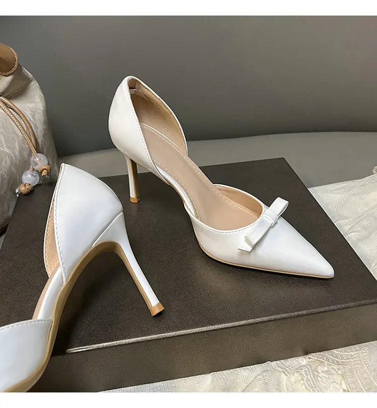 New Autumn Patent Leather Nude High Heels Thin Heel Pointed Bow Korean Version