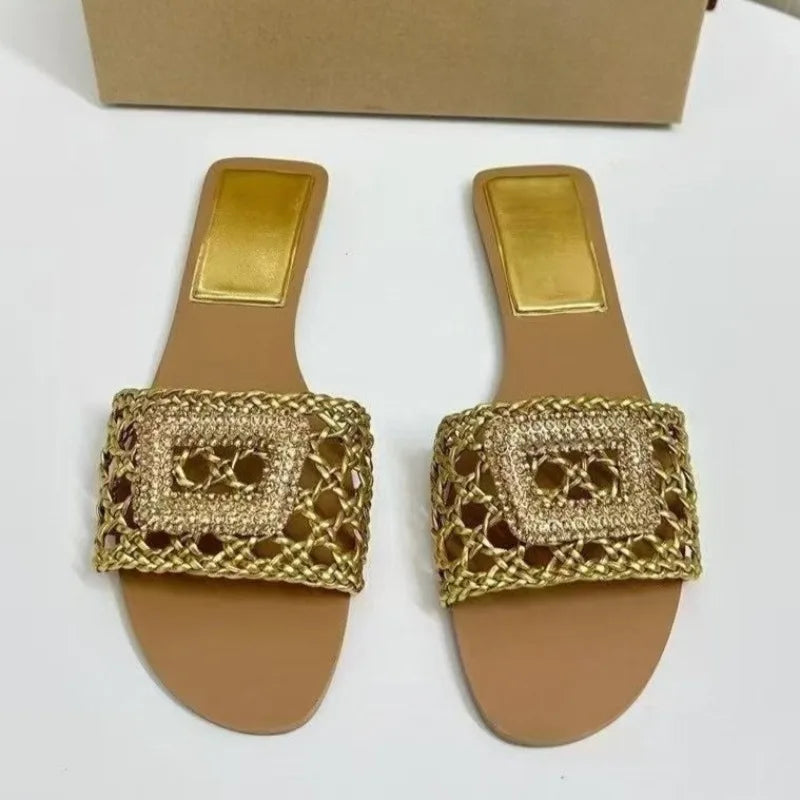 Summer High Quality Gold Woven Flat Sandals for Women Causal Daily Beach Footwear Outdoor Brand Travel Ladies Walking Shoes