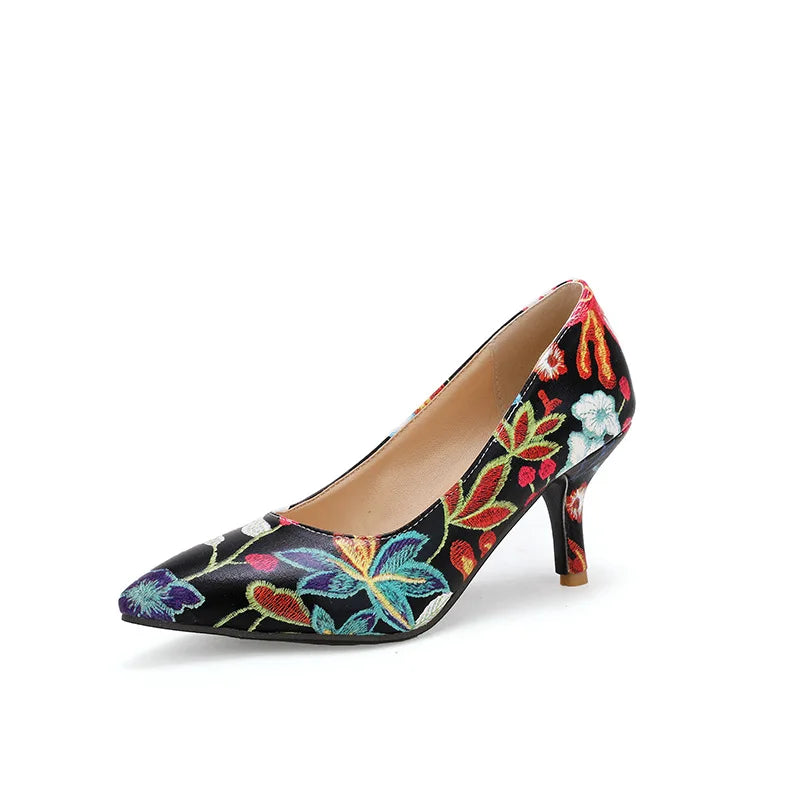 Ladies Retro Pumps Sexy High Heels Stiletto Black Green Blue Flowers Slip-Ons Plus Size 45-2 Wide Foot Shoes For Party Nigh Club