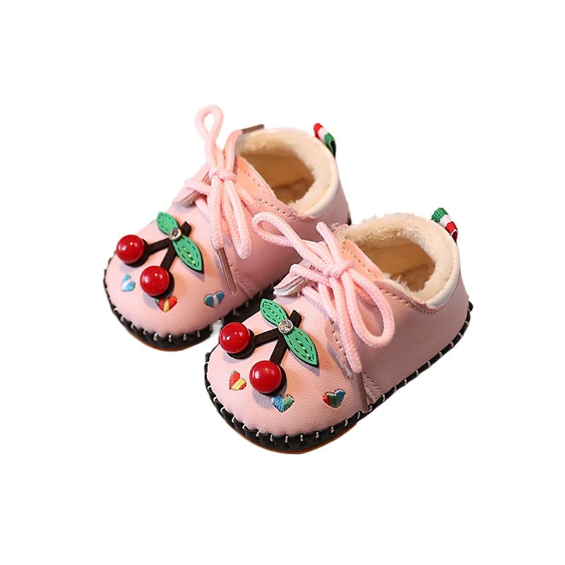 Cute Girls Warm Shoes Sweet Cherry Kids Walking Shoes Suede Comfortable 2025 Winter New Baby Flat Shoes Round Toes Soft Bottom