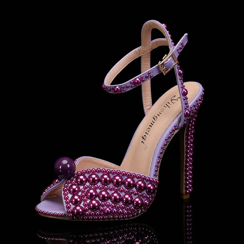 2025 New High Heels Thick Heel Shallow Mouth Women's Pearl Sandals Wedding Shoes Bridesmaid Shoes