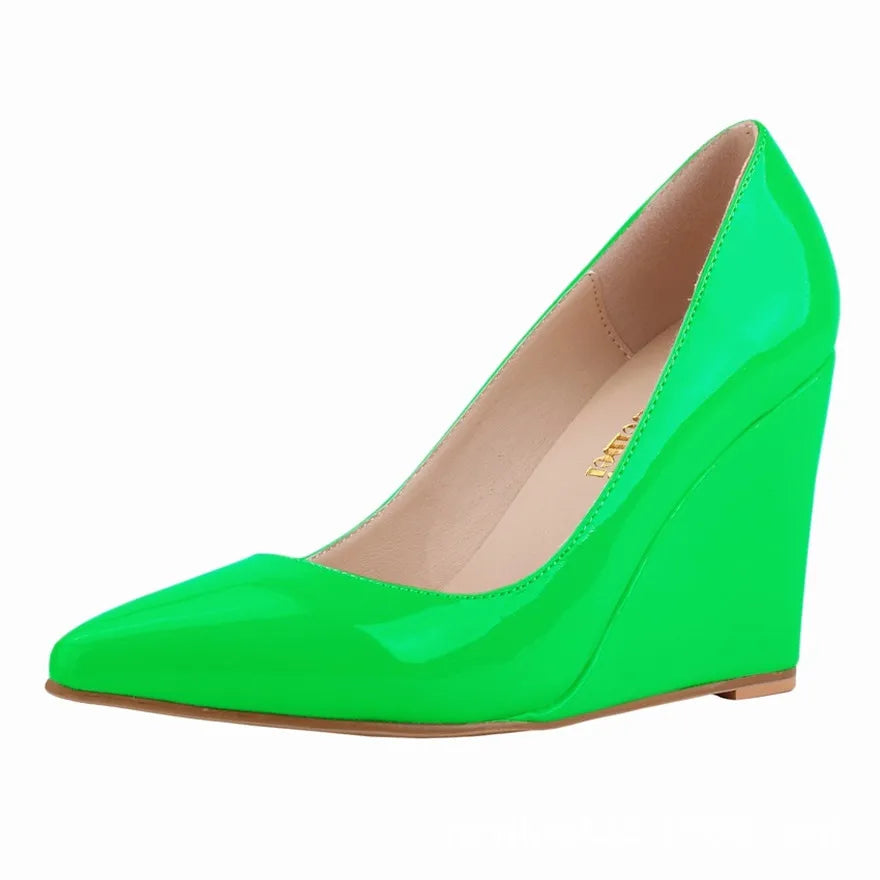 14 Colors Women Patent Leather Wedge Shoes Autumn Pointy Toe Shallow Woman Pumps Red Yellow High Heels Female Wedding Dress Shoe