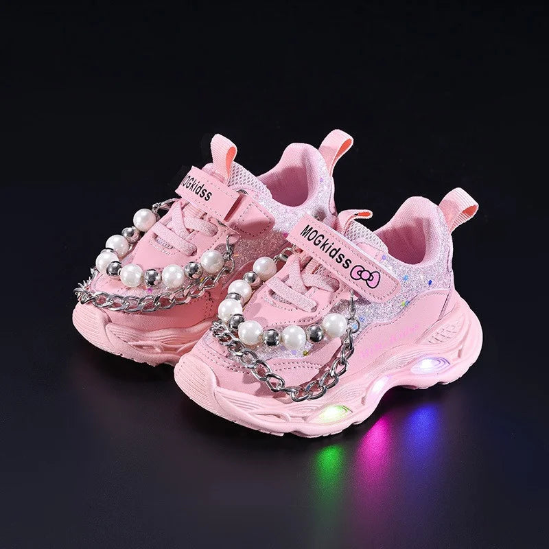 2025 Girls Princess Shoes with LED Lights Pearl Chains Soft Sole Toddler Sneakers Breathable Mesh Light Up Athletic Shoes