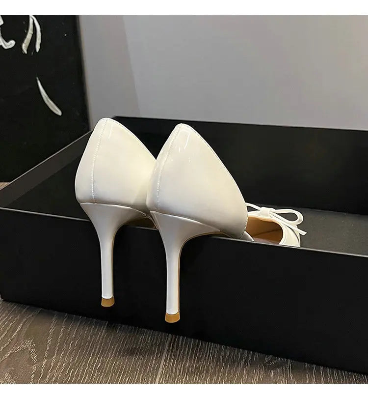 New Autumn Patent Leather Nude High Heels Thin Heel Pointed Bow Korean Version