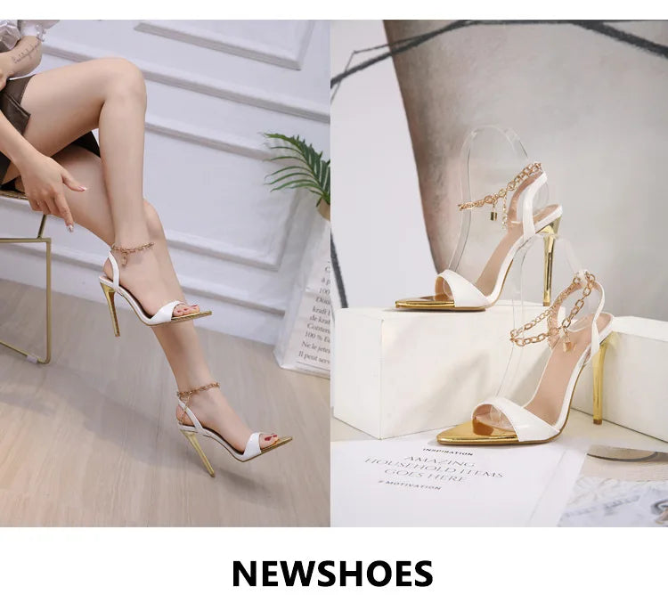 New Summer Sandals Women Fashion Gold Chain Ankle Strap Sexy Peep Toe Ladies Metal High Heels Sandals Woman Party Shoes Pumps