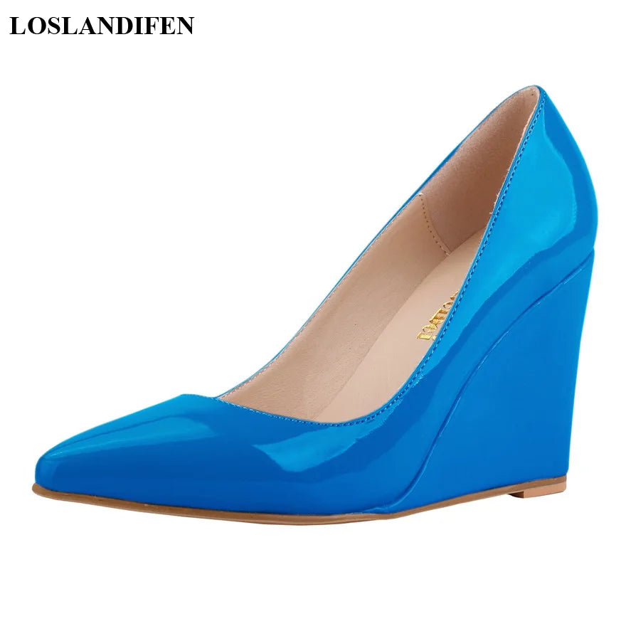 14 Colors Women Patent Leather Wedge Shoes Autumn Pointy Toe Shallow Woman Pumps Red Yellow High Heels Female Wedding Dress Shoe