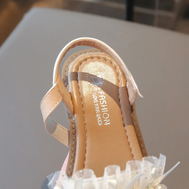 Girls Lace Sandals Kids Shoes Baby Artificial Pearl Open Toes Hoop Loop 2025 Summer Child Barefoot Beach Shoe for Toddler 22-31