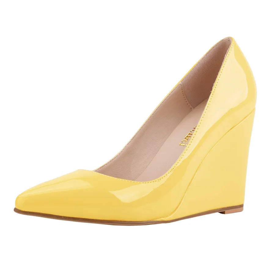 14 Colors Women Patent Leather Wedge Shoes Autumn Pointy Toe Shallow Woman Pumps Red Yellow High Heels Female Wedding Dress Shoe