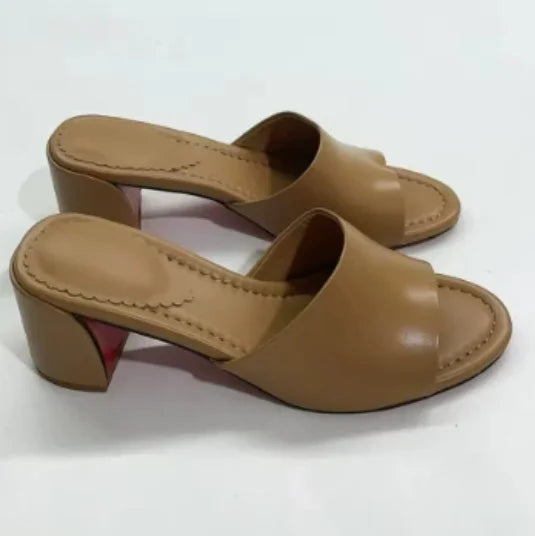 Soft Leather Jane Mules Open Toe Slippers For Women Shoes Sandals Block High-Heel Women's Shoes Wedding Peep Toe Zapatos Mujer